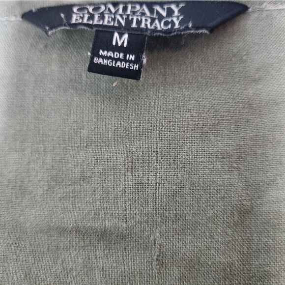 Ellen Tracy M Caper Green 100% LINEN Roll Tab Sleeve High Low Women’s Blouse - Picture 2 of 8